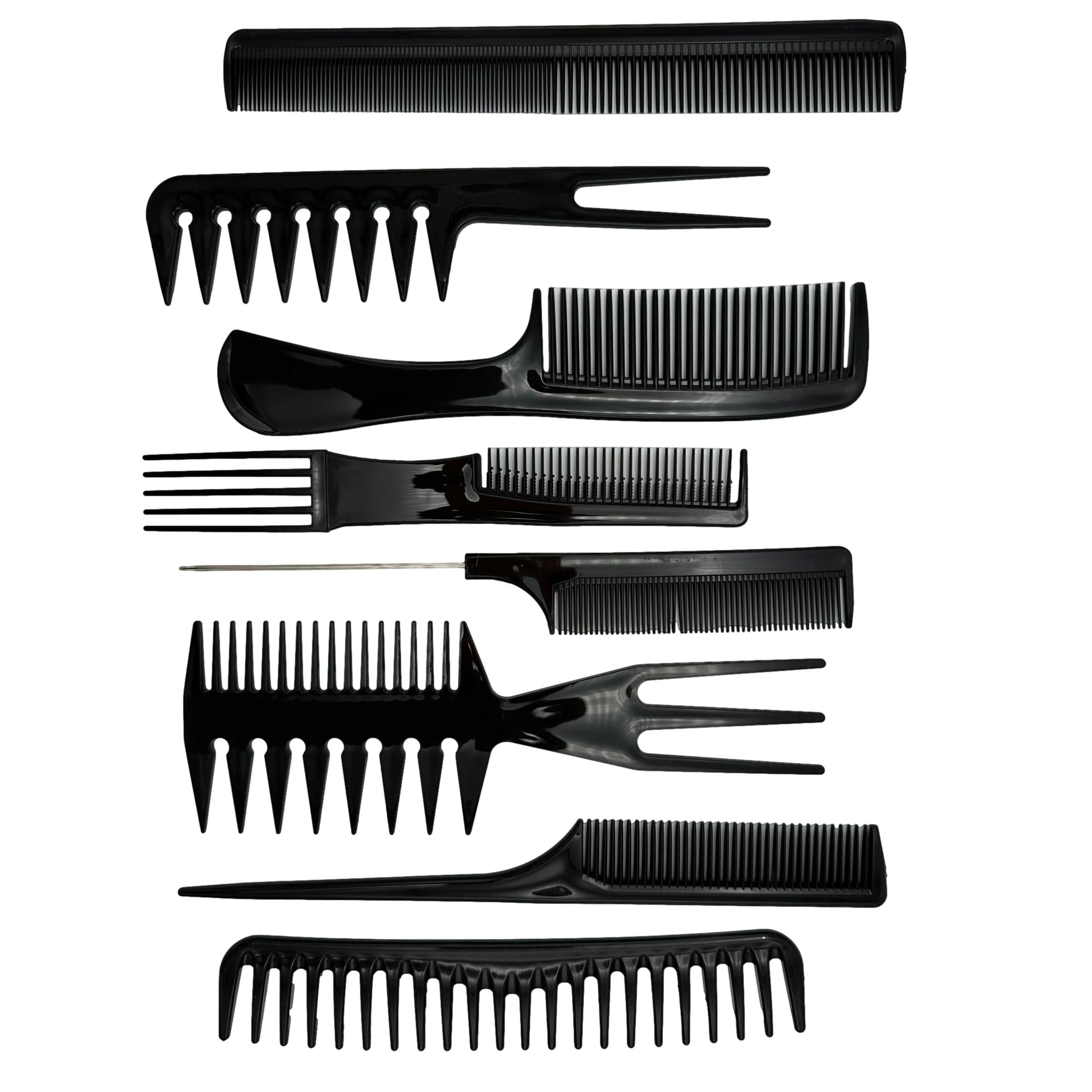 Nine black combs.