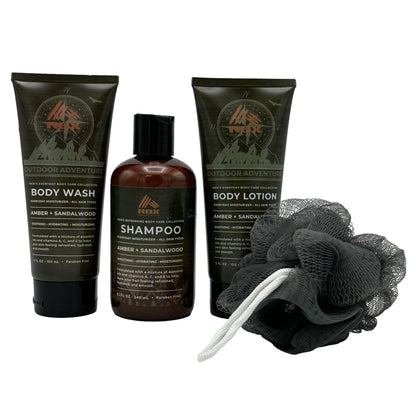 Three bottles of RBX men's body care products, with a grey loofah.