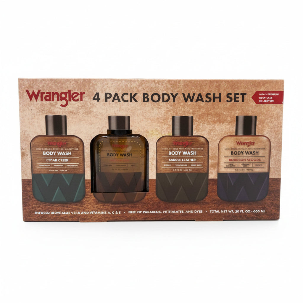 Wrangler 4-pack body wash set in its original retail box, featuring Cedar Creek, Saddle Leather, and Barleycorn scents.