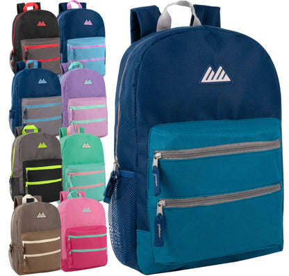 17 IN DOUBLE FRONT ZIPPER POCKET SCHOOL BACKPACK WITH 2 MESH SIDE POCKETS ASSORTED