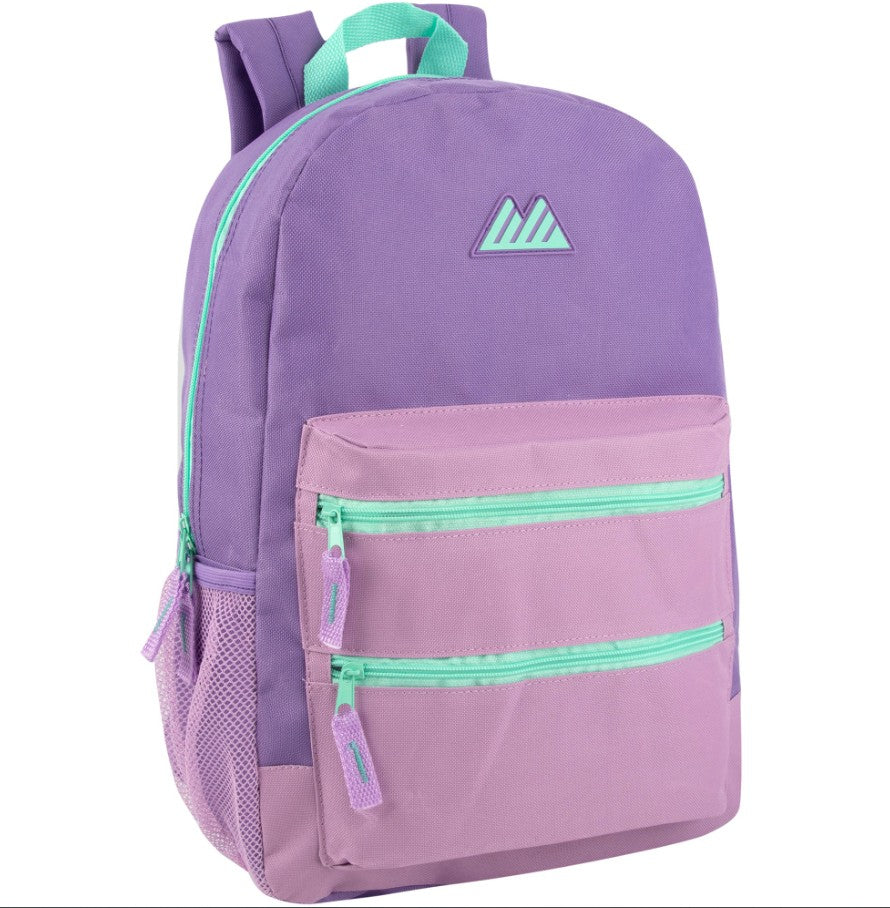 17 IN DOUBLE FRONT ZIPPER POCKET SCHOOL BACKPACK WITH 2 MESH SIDE POCKETS ASSORTED