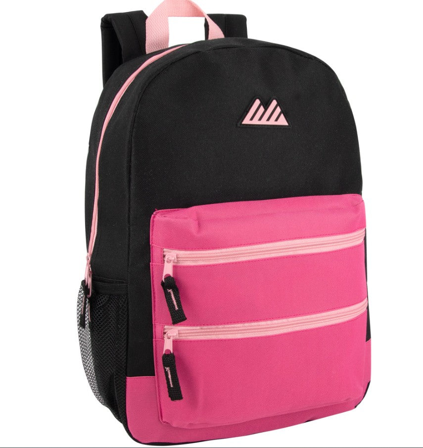 17 IN DOUBLE FRONT ZIPPER POCKET SCHOOL BACKPACK WITH 2 MESH SIDE POCKETS ASSORTED