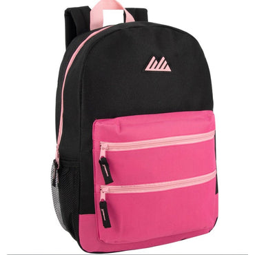 17 IN DOUBLE FRONT ZIPPER POCKET SCHOOL BACKPACK WITH 2 MESH SIDE POCKETS ASSORTED