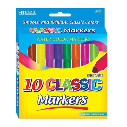 A pack of "83 BAZIC" brand "Classic Markers," showcasing 10 water color markers with broad lines in various vibrant colors, against a yellow background.