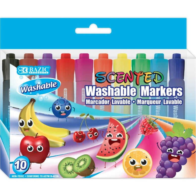 Pack of BAZIC scented washable markers with colorful design and fruit illustrations on a white background.