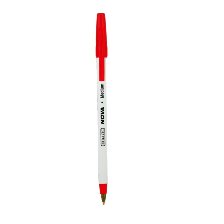 Red and white pen with cap.
