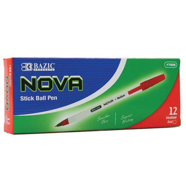 Box of Bazic Nova red stick ballpoint pens.
