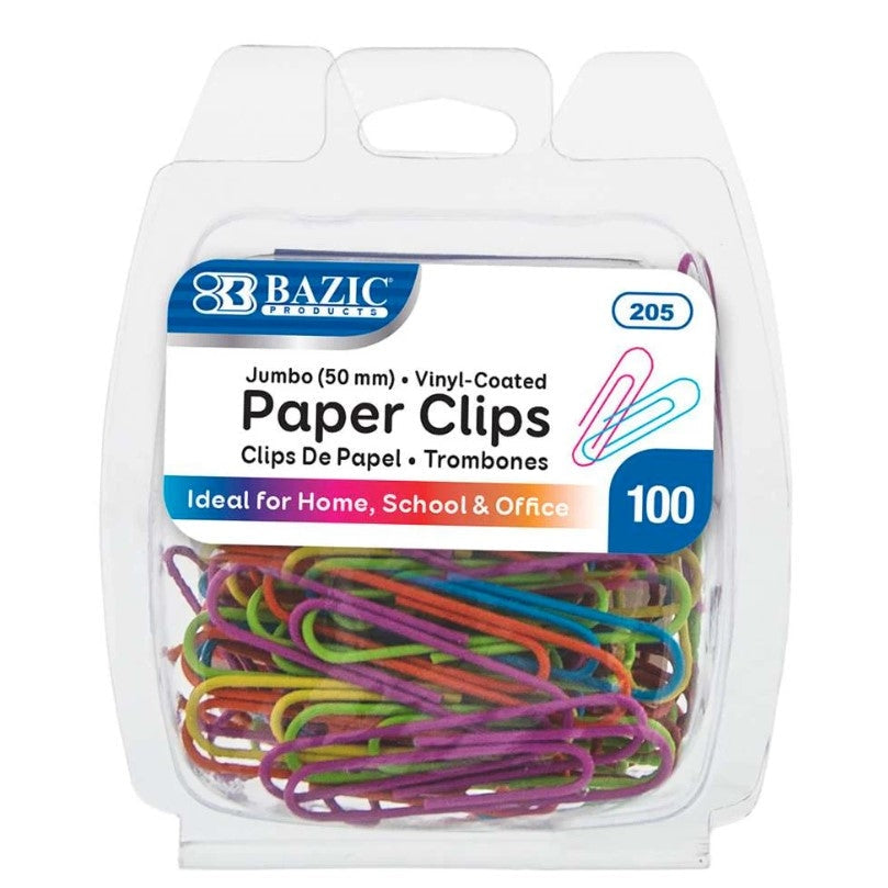 A package of Bazic Jumbo Vinyl-Coated Paper Clips in assorted colors.