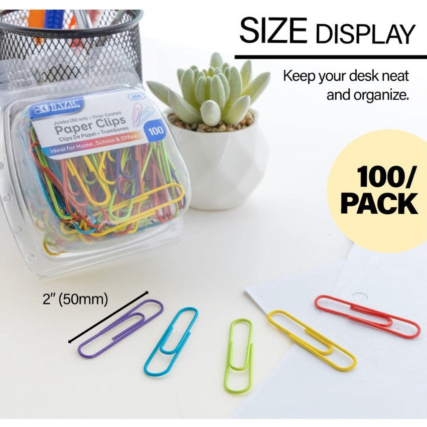 Product image of a clear plastic container of colored paper clips, a succulent in a white geometric pot, and several loose colored paper clips on a white surface, along with text indicating the size of the paper clips and quantity per pack.