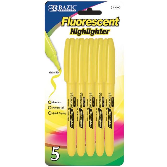 A pack of five yellow fluorescent highlighters.