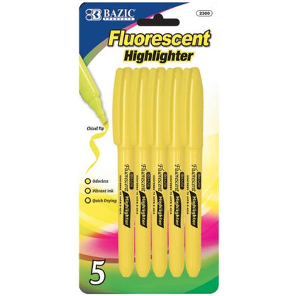A pack of five yellow fluorescent highlighters.