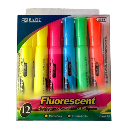 12 PC MULTI COLOR HIGHLIGHTERS BROAD CHISEL TIP