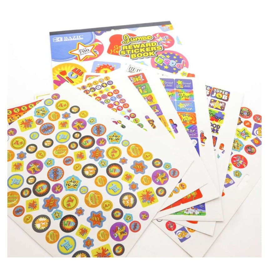 A "Jumbo Reward Stickers Book" by 83 BAZIC, displaying multiple pages of colorful stickers.