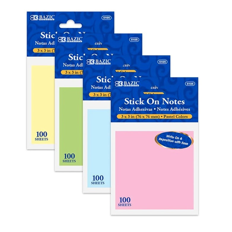 Pack of 4 pastel-colored 3x3 inch sticky notes.