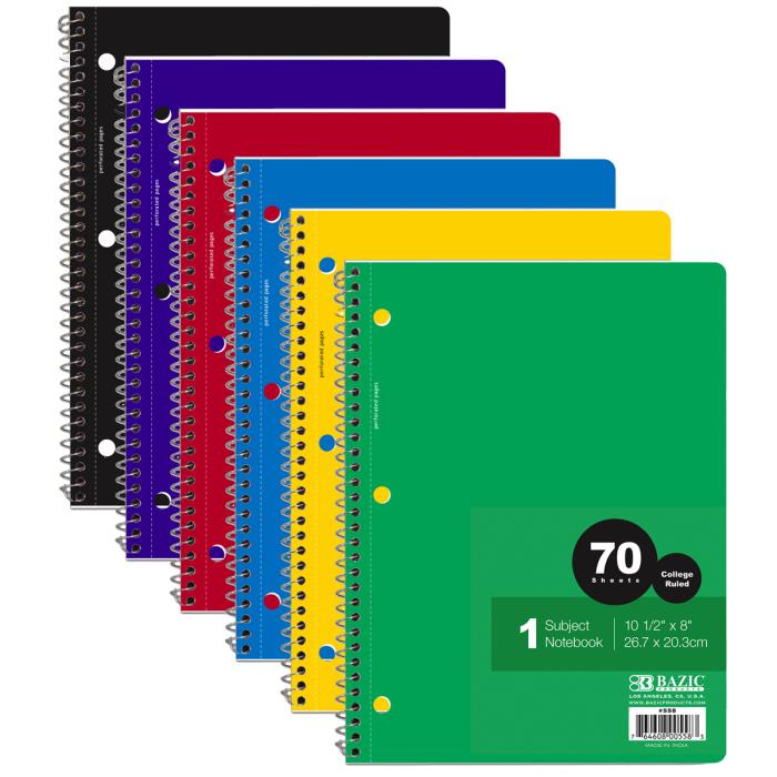 COLLEGE RULED SPIRAL NOTEBOOK 70 PAGE ASSORTED