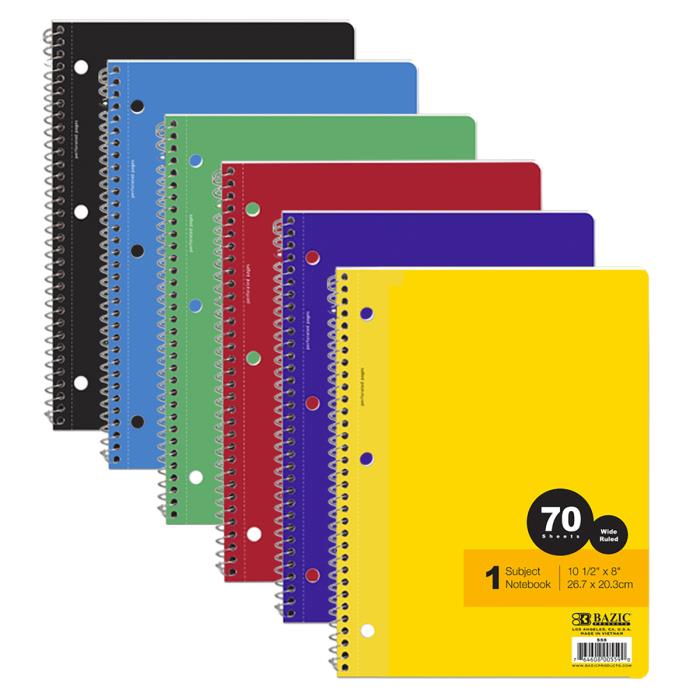 WIDE RULED SPIRAL NOTEBOOK 70 PAGE ASSORTED