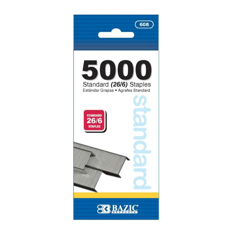 A box of 5000 standard size 26/6 staples.