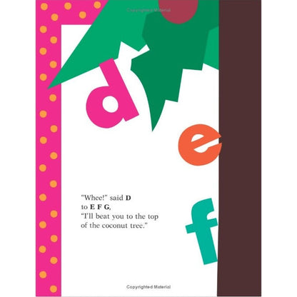 Page from a children's book with colorful letters and a coconut tree.