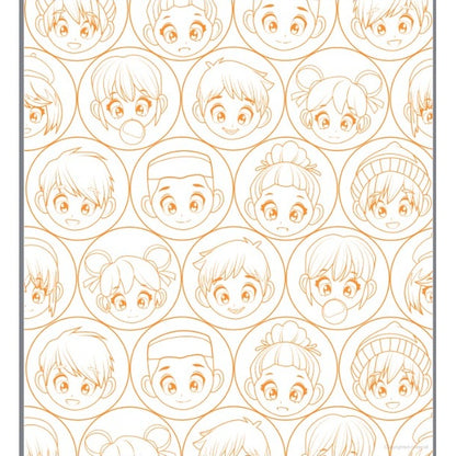 Patterned sheet of orange-outlined cartoon faces in circles.
