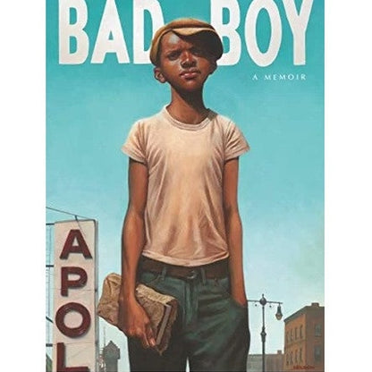 Book cover of "Bad Boy: A Memoir" featuring a young Black boy in a cap, t-shirt, and jeans, holding a book in front of a sign reading "APOL".