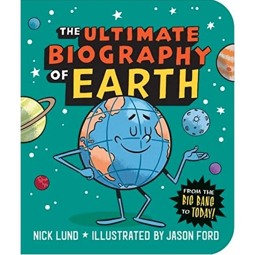 Cartoonish book cover with a teal background featuring a smiling Earth character.