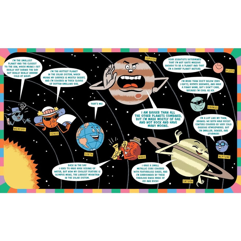 Cartoon-style drawing of planets, including Mercury, Venus, Earth, Jupiter, Saturn, Uranus, Neptune, and Pluto, against a black background.