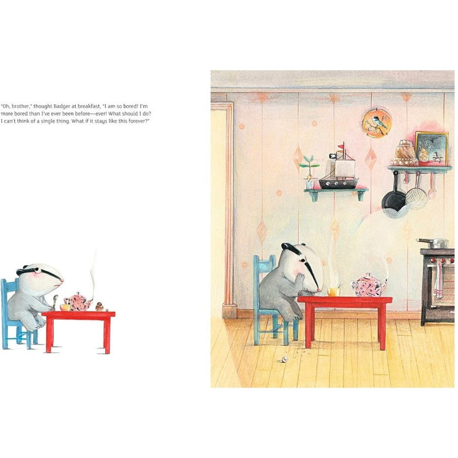 Illustration of two badgers sitting at red tables with tea.