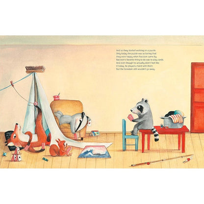 A children's book illustration of animals playing cards.
