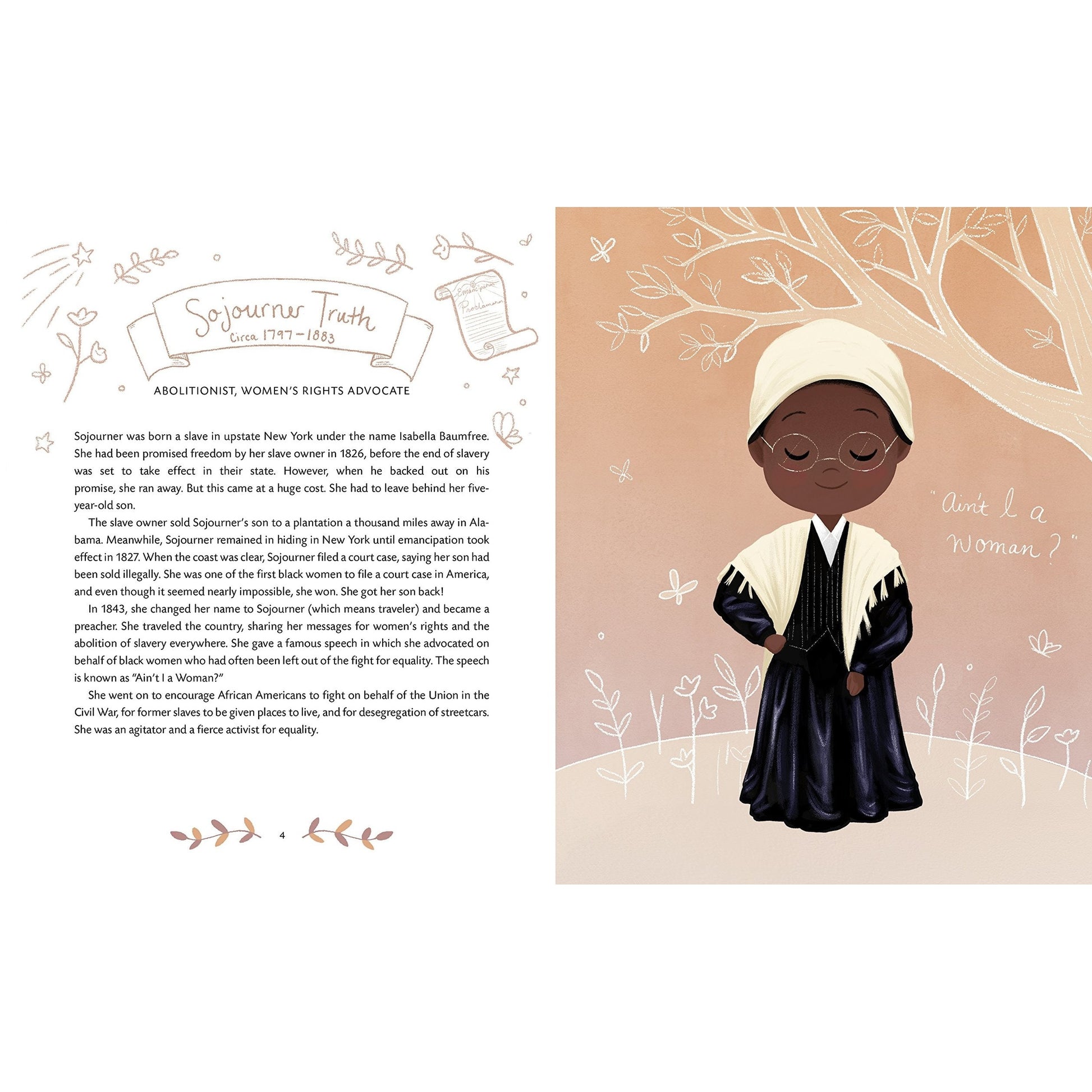 Illustration of Sojourner Truth wearing glasses and a long dark dress with white accents.