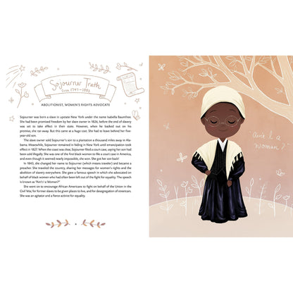 Illustration of Sojourner Truth wearing glasses and a long dark dress with white accents.