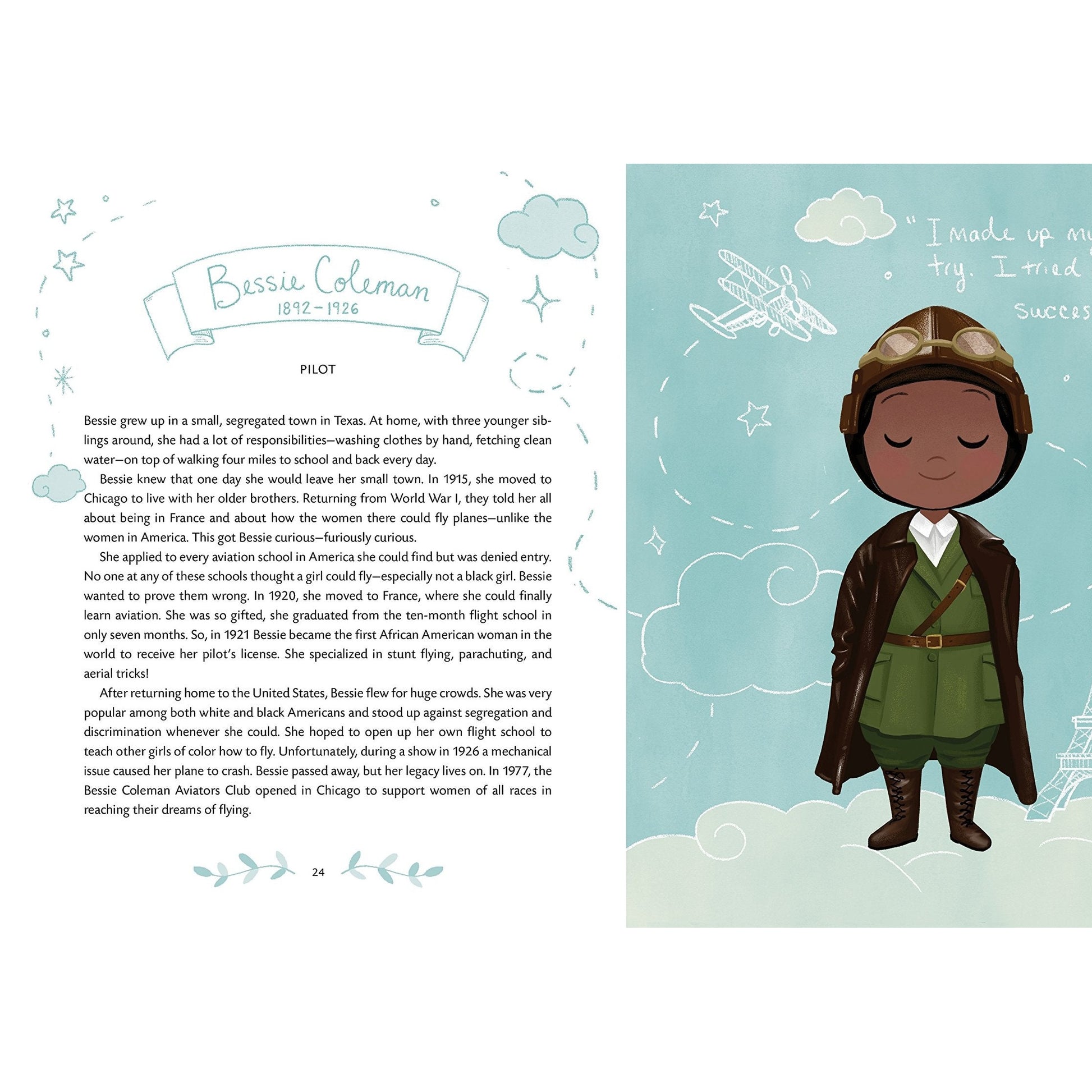 An illustration of Bessie Coleman wearing a pilot's uniform including a hat with goggles, and the words "Bessie Coleman 1892-1926 Pilot".