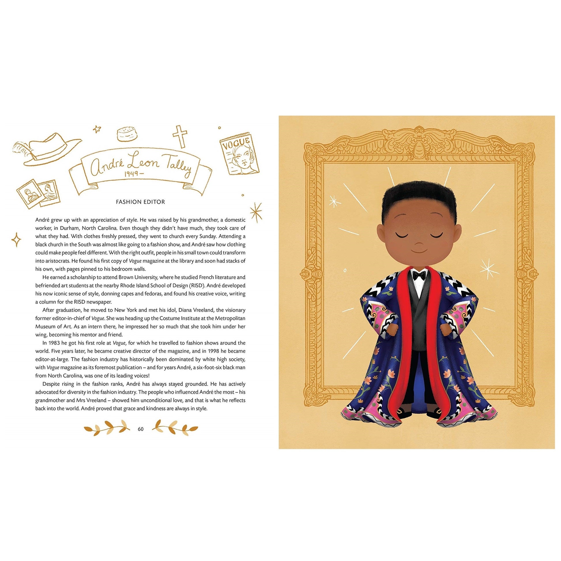 An illustrated page featuring a stylized cartoon of André Leon Talley in a gold frame, next to a written biography.