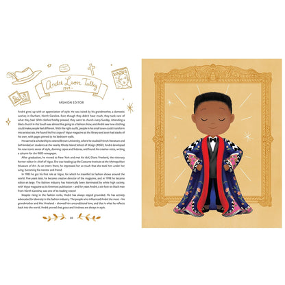 An illustrated page featuring a stylized cartoon of André Leon Talley in a gold frame, next to a written biography.
