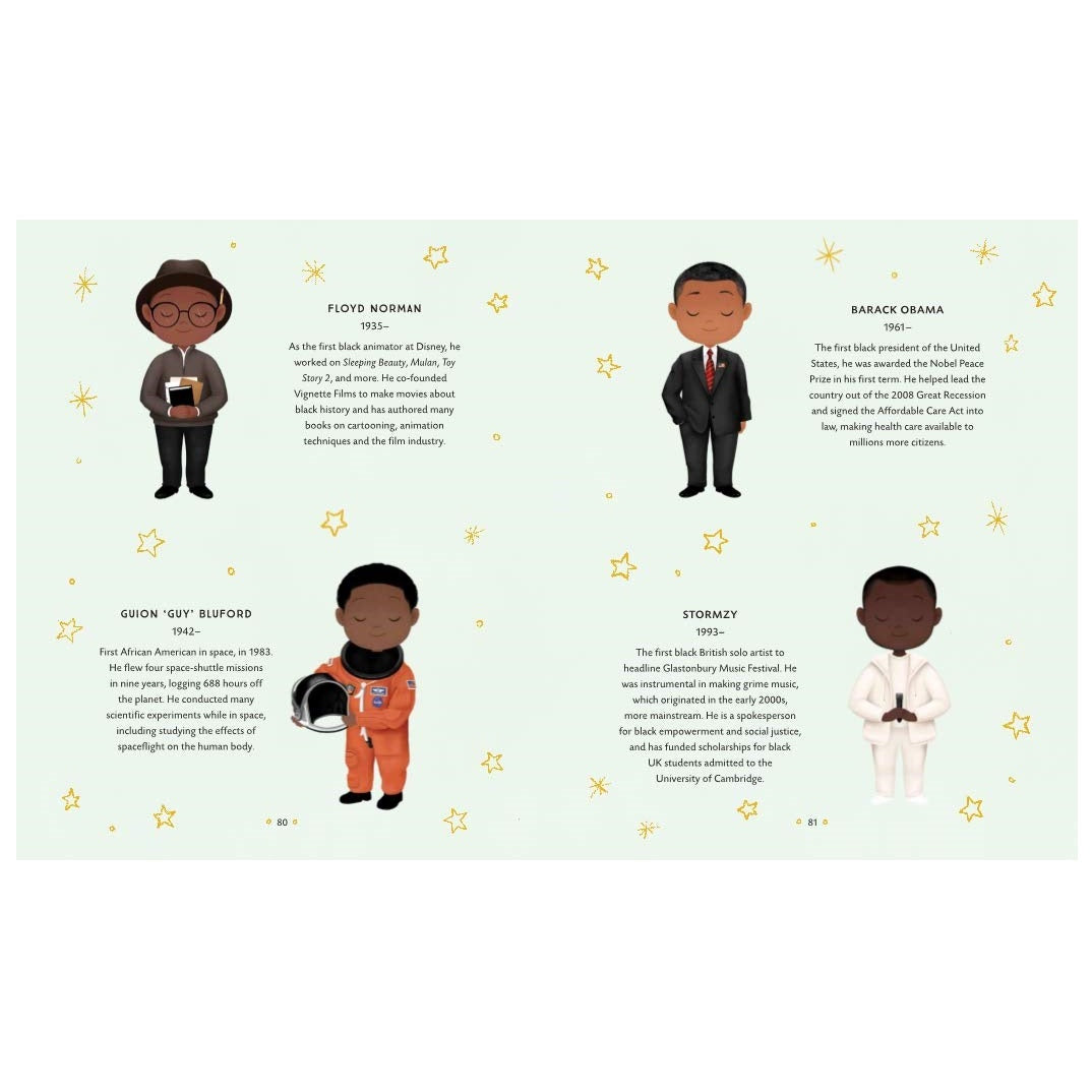 A page from a children's book with cartoon drawings of five Black historical figures along with accompanying text.