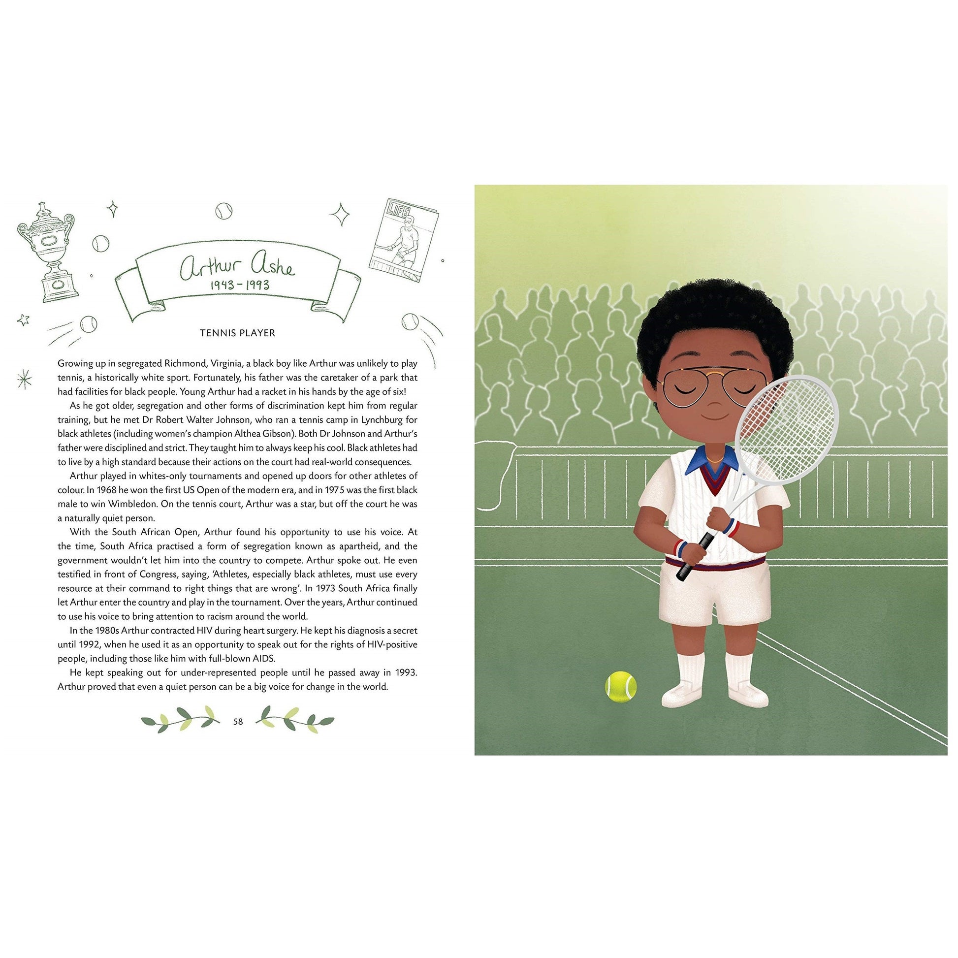 Illustration of Arthur Ashe in tennis attire holding a racket.