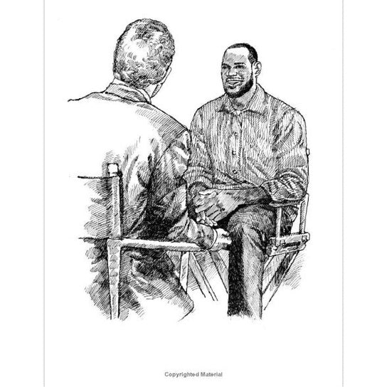 Monochrome drawing of two men in a conversation.