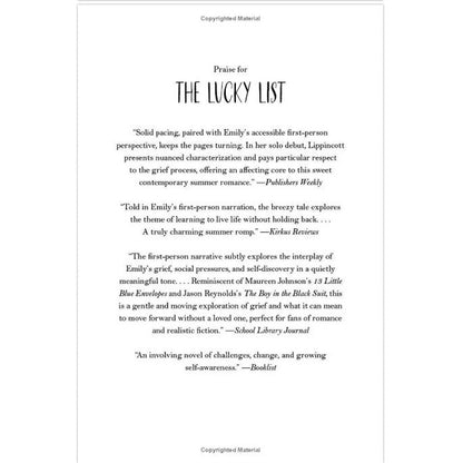 A book page with praise for "The Lucky List."