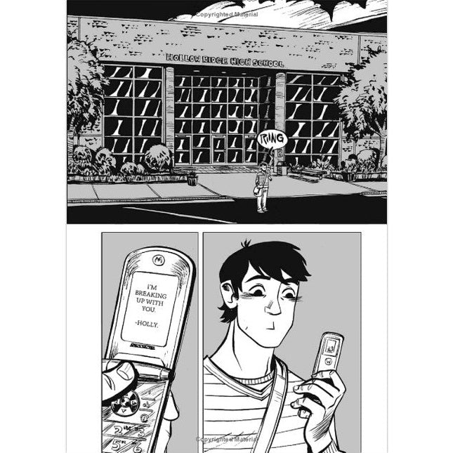 Here are possible alt tags:

* Comic strip panel with student getting dumped via text message in front of school.
* Black and white comic strip: student reading breakup text message, flip phone.
