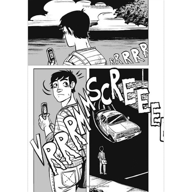 Comic panel depicting a man looking at his phone, unaware of an oncoming car.
