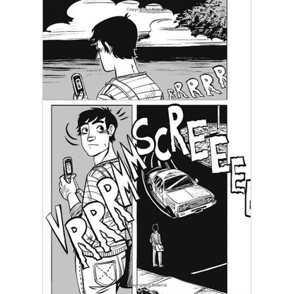 Comic panel depicting a man looking at his phone, unaware of an oncoming car.