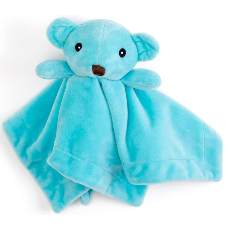 Close-up of a light-blue plush bear lovey on a white background.