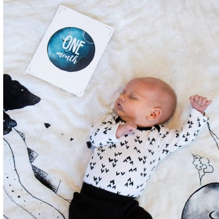 Sleeping baby on a patterned blanket with a "one month" card.