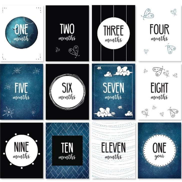 Twelve baby milestone cards showing months one through eleven and one year.