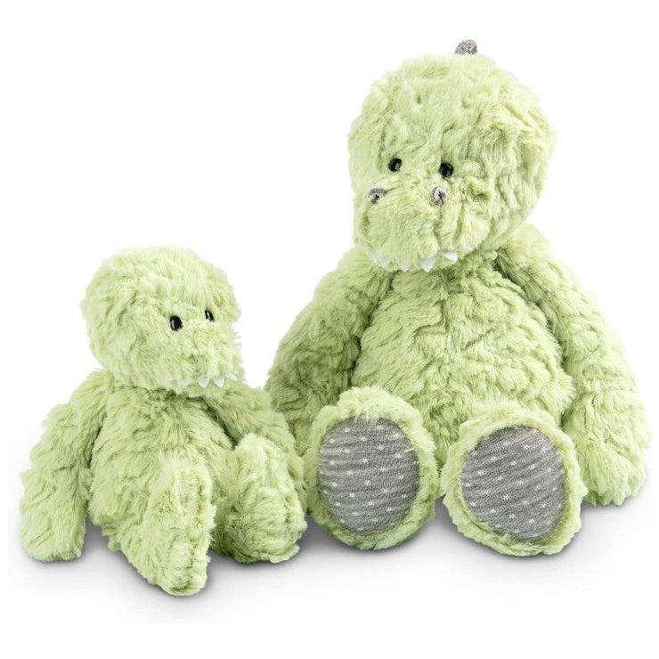 Two light green plush dinosaur toys.