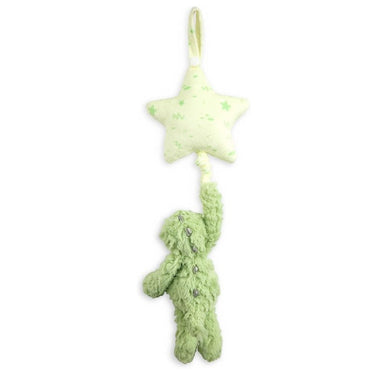 Green plush toy of a bear hanging from a yellow star.
