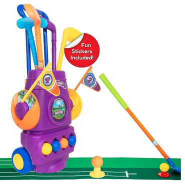 Colorful plastic toy golf set on a green playmat.