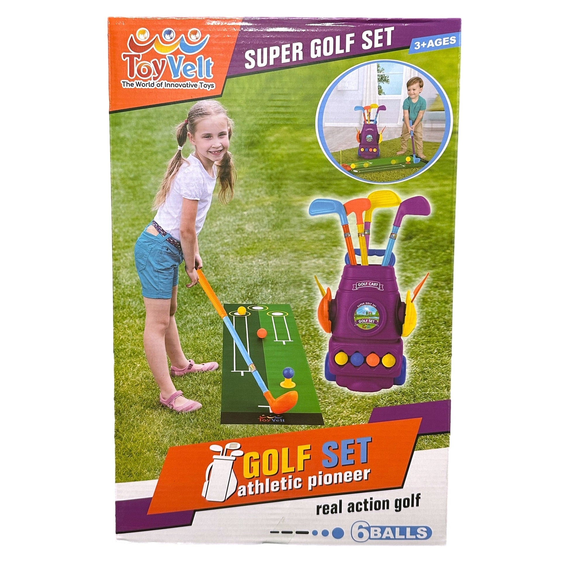 Box with girl playing with ToyVelt golf set, golf clubs in purple cart, orange and blue highlights.