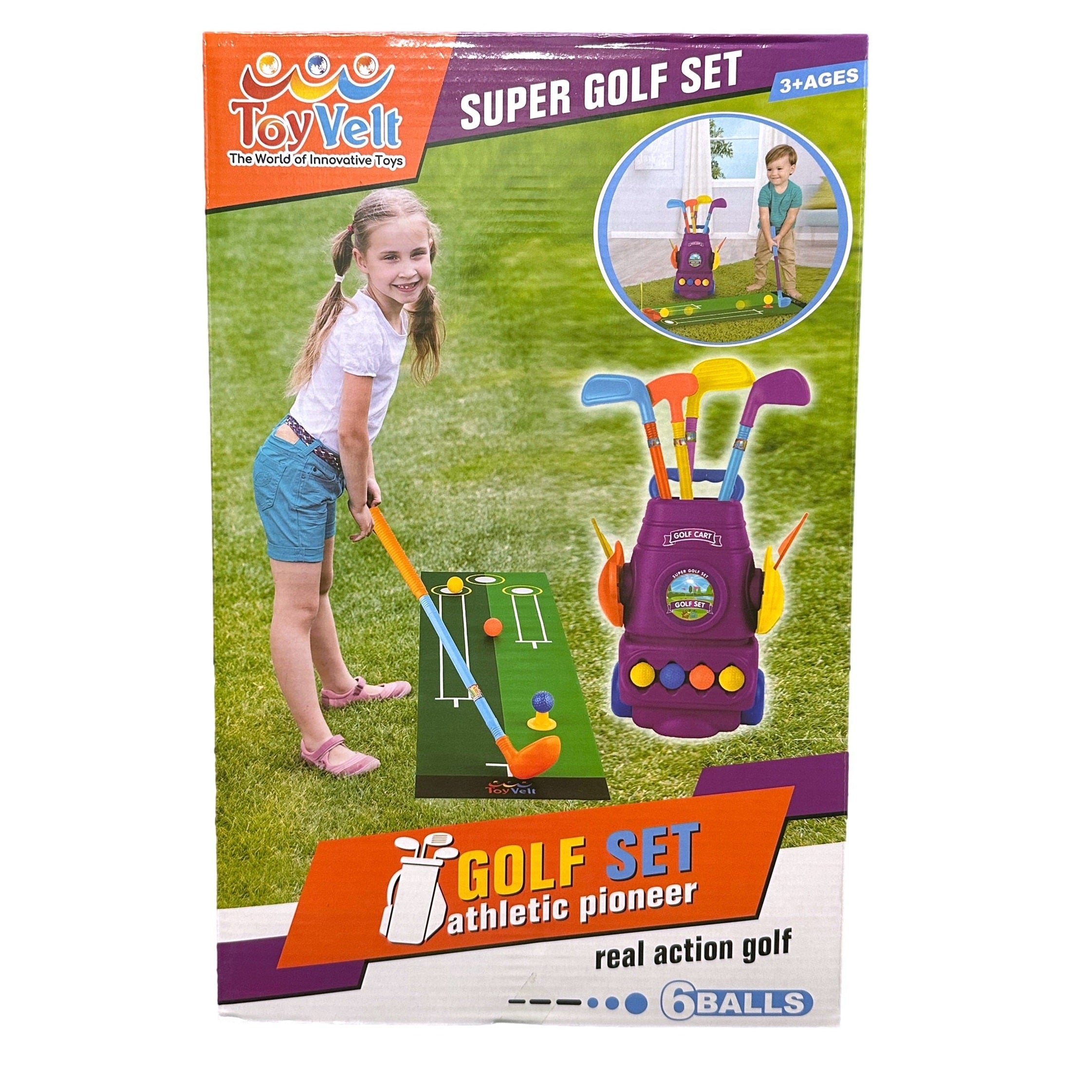 Box with girl playing with ToyVelt golf set, golf clubs in purple cart, orange and blue highlights.