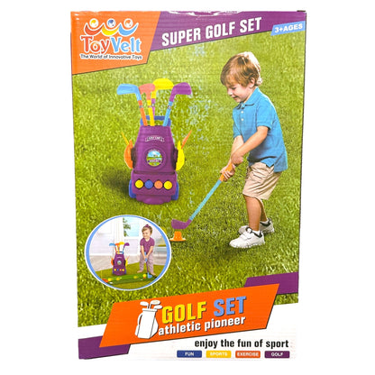 Product box for a "Toy Velt SUPER GOLF SET" featuring a young boy swinging a golf club and a golf cart toy.