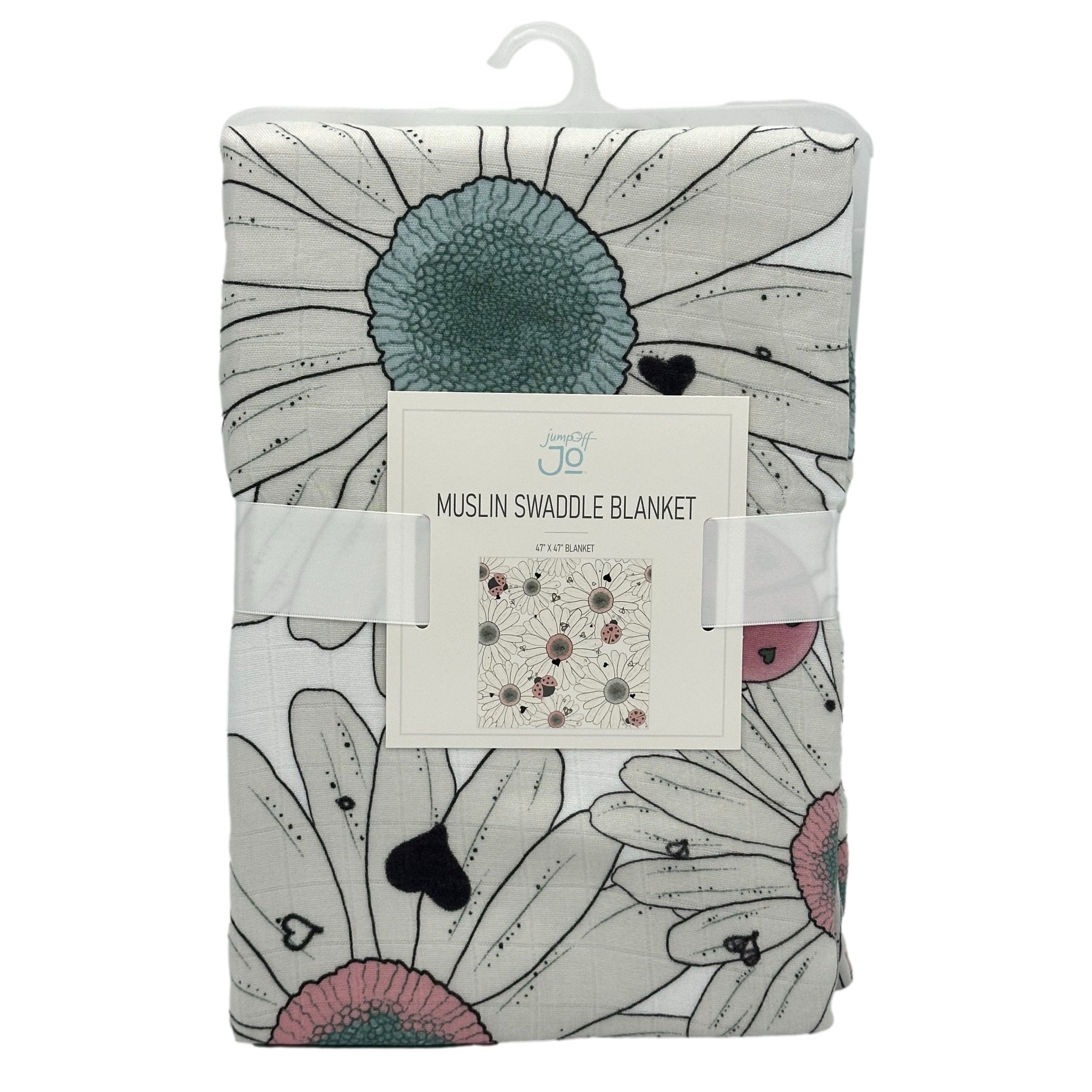 Packaged floral print muslin swaddle blanket with a white hanger.

